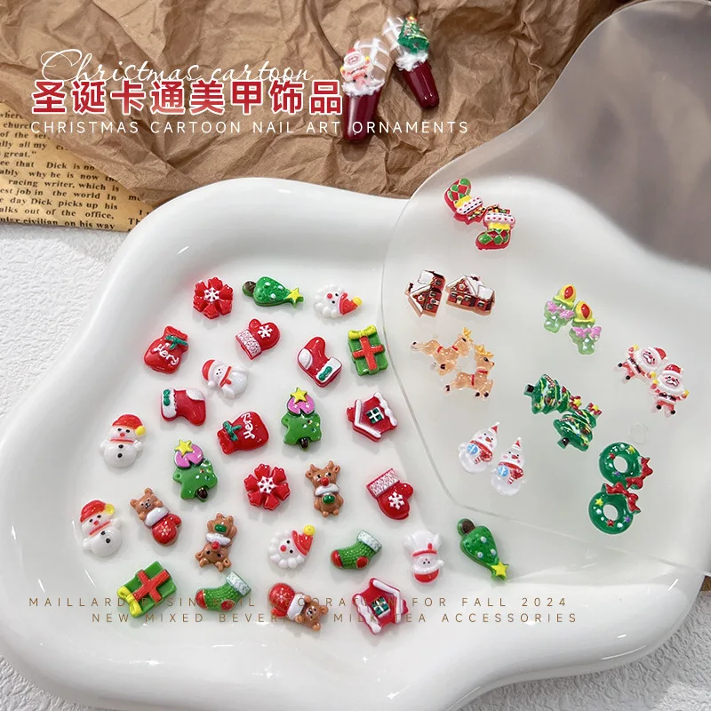 30pcs Kawaii Christmas Cartoon Nail Charms Supplies Santa Claus Elk Snowman Resin Flatback Nail Art Accessories Winter Nail Deco