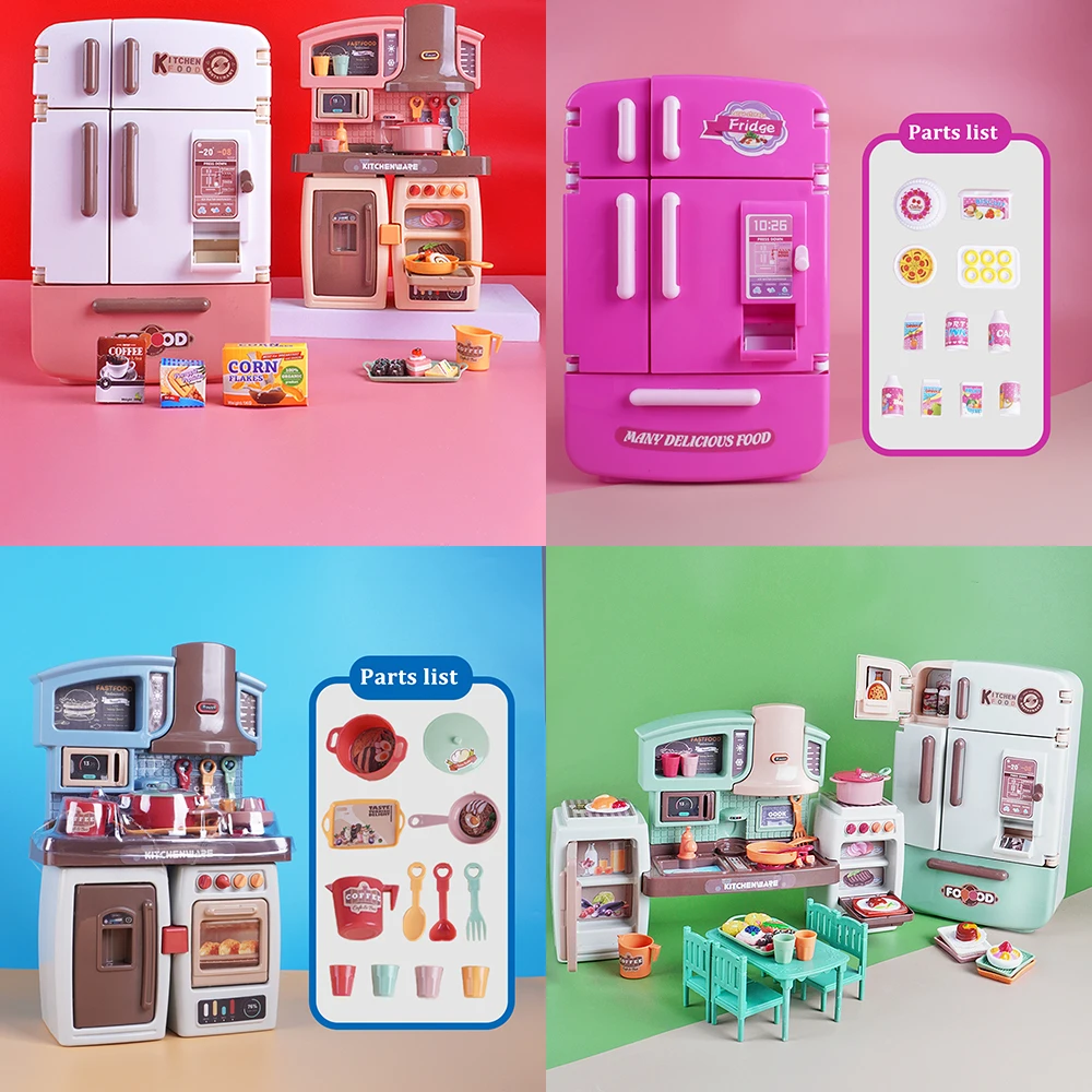 

2in1 Simulation Mini Food Dining Table Kitchen Board Oven Fridge With Light Sound Effect Pretend Home Game DIY Cooking Toy Gift
