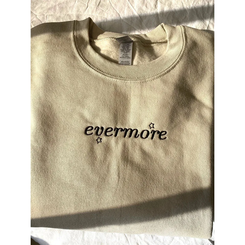 Evermore Letters Embroidered Crewneck Sweatshirts Autumn Long Sleeve Loose Cotton Thick Fleece Warm Pullover Unisex Sweatshirt