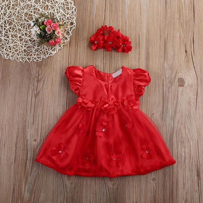 Baby Girls Princess Dress Solid Flower Decor Sweet Dress Cute Tutu Newborn Infant Birthday Party Dress Shoot Costume+Headband