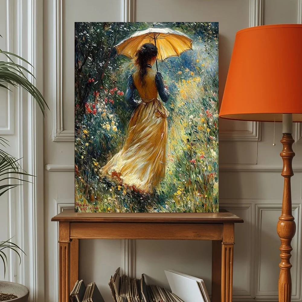 Lady with A Parasol in The Garden Poster and Prints Retro Canvas Painting Wall Art Picture for Living Room Home Decor Cuadros