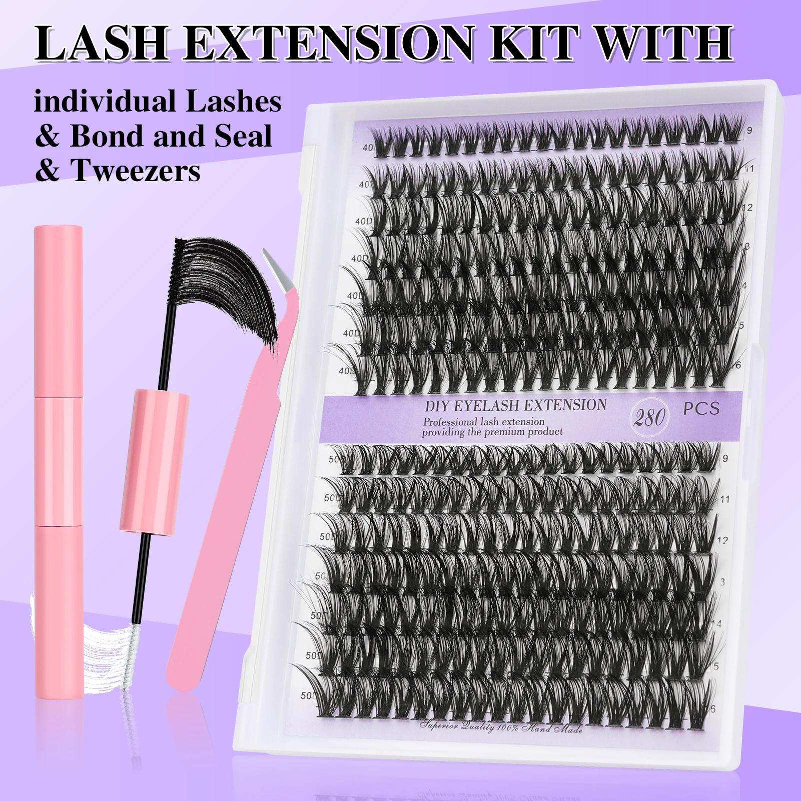 

DIY Lash Extension Kit 280pcs 40D 50D Individual Lashes Cluster Eyelash Extension with Lash Bond and Seal Lash Extension Set