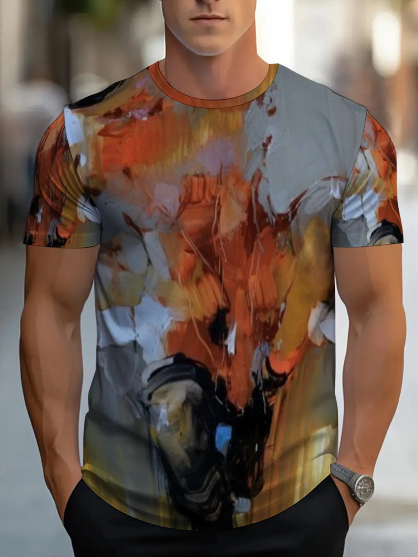 Men Orange Gray Abstract Bull Oil Painting 3D Print Crew Neck T Shirt Summer Short Sleeve Casual Tee