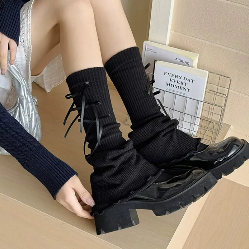 2025 novo outono japonês lolita arco fita perna mais quente feminino pé calcanhar quente de malha joelho alta meias longas moda bota capa meias