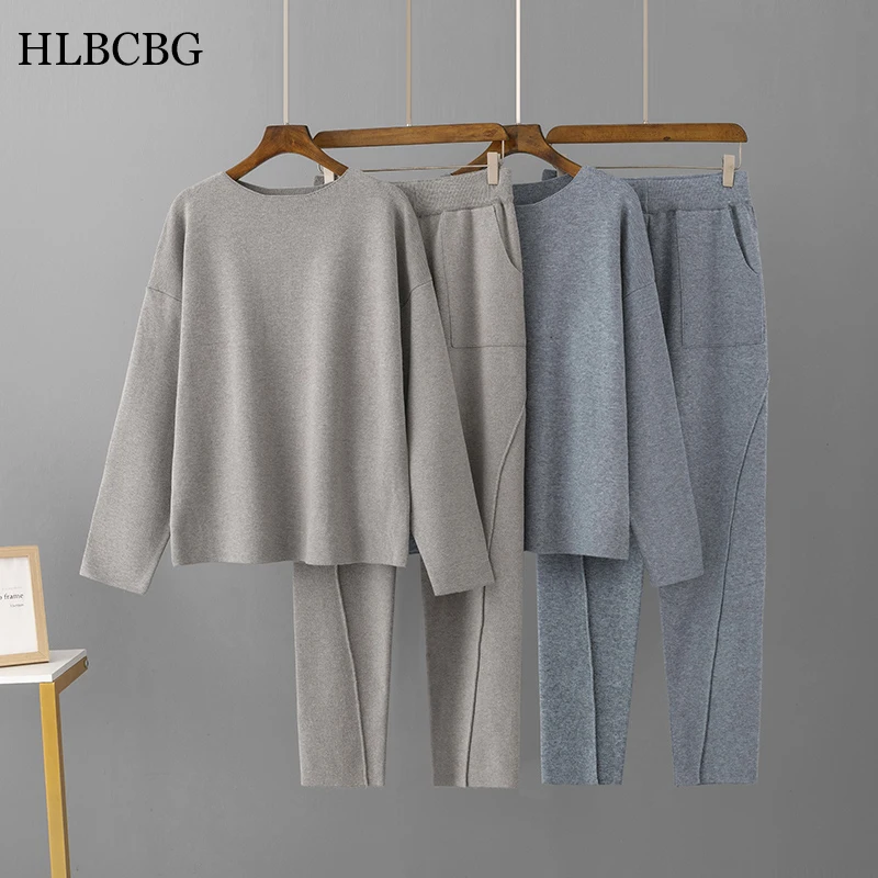 Women's suit Knitted 2 pieces Set Tracksuits Women Autumn Thick Warm Casual O-neck Loose Sweater+Ankle-Length Pants Warm Suits