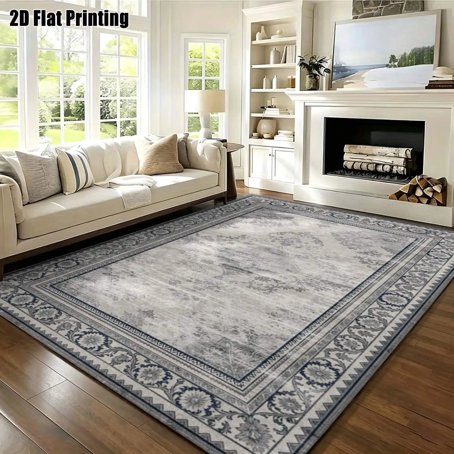 1Pc 2D Printed Gray Retro European Carpet, Multi-Size, Machine Washable, for Home Decor & Multi-Scene Use
