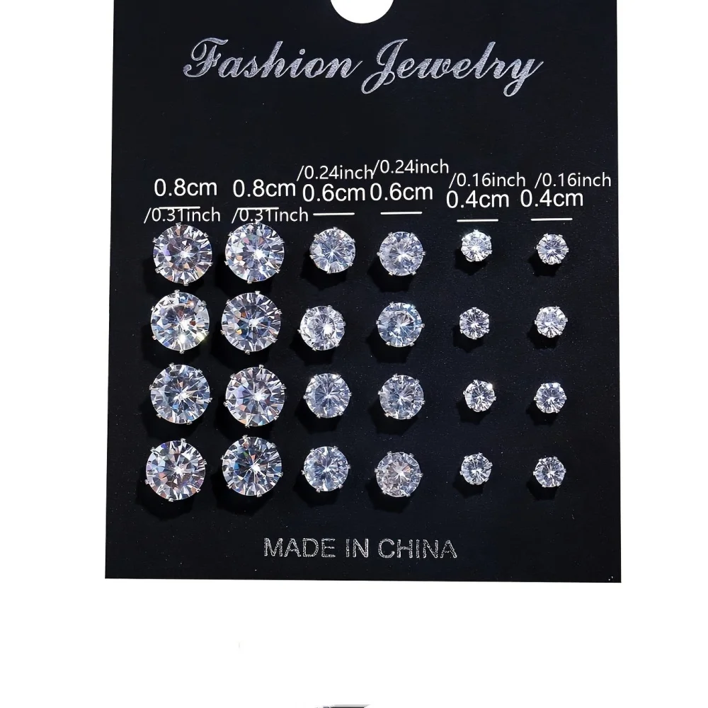 12 Pairs Set Stainless Steel Silver Color CZ Stud Earrings with Gemstone Buds Round Earrings Jewelry Accessories Unisex image 2