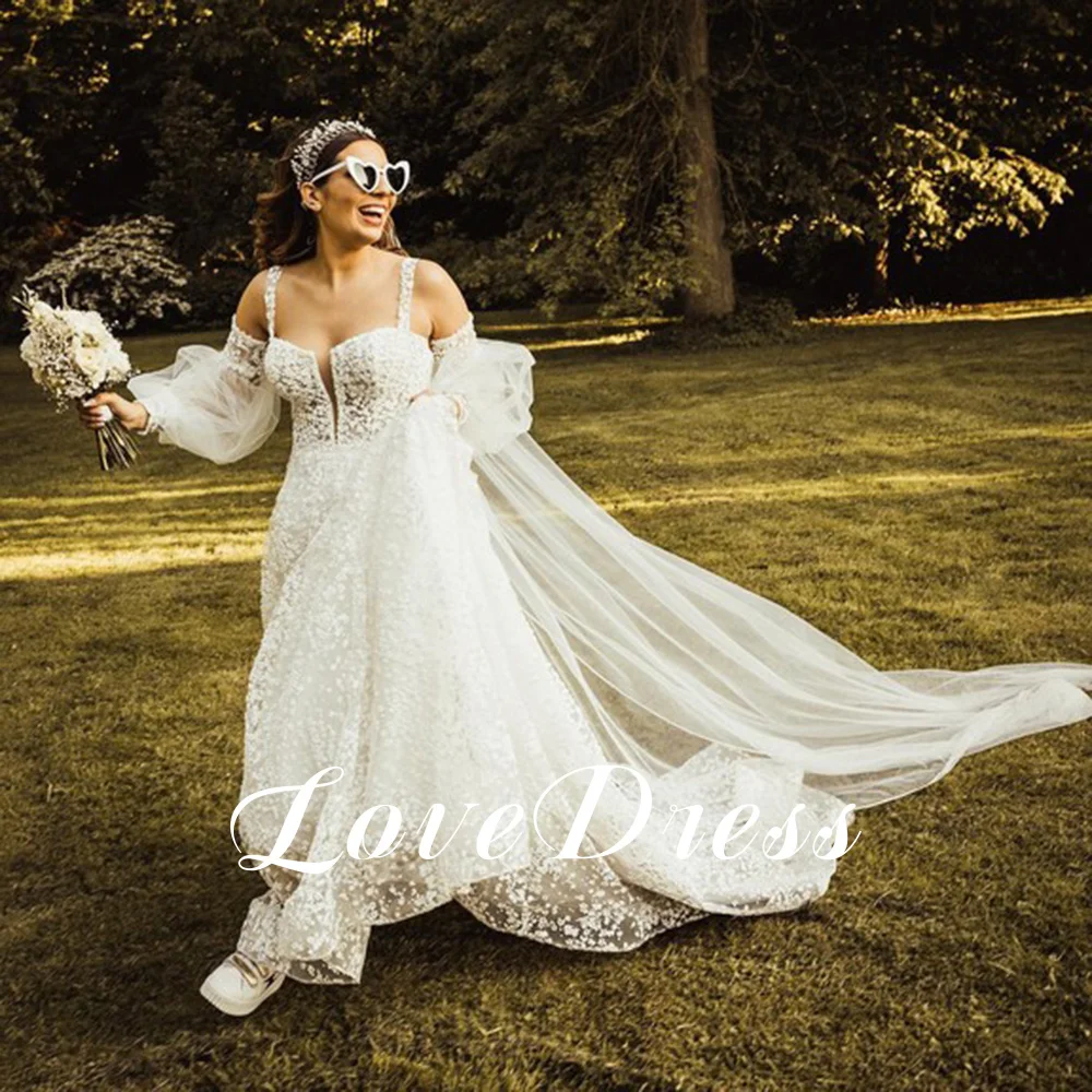 LoveDress Deep V-Neck Wedding Dress Detachable Sleeves Lace Appliques Boho Bride Gown Backless Button Sweep Train Robe de mariée