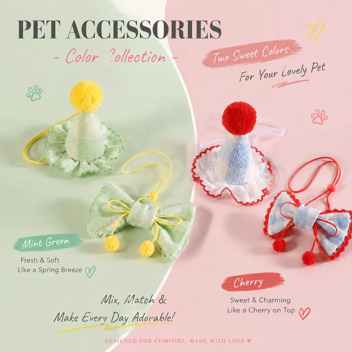Cute Cherry Pet Costume Accessory Plaid Lace Hat Bowtie Bandana Collar for Dog Cat Birthday Party