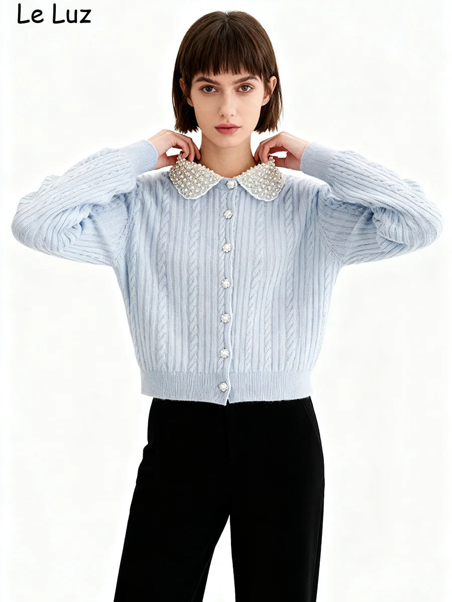 

Вязаный кардиган со съемным воротником, шерстяной свитер, теплый женский осенне-зимний синий жемчужный бисер, женский укороченный трикотаж