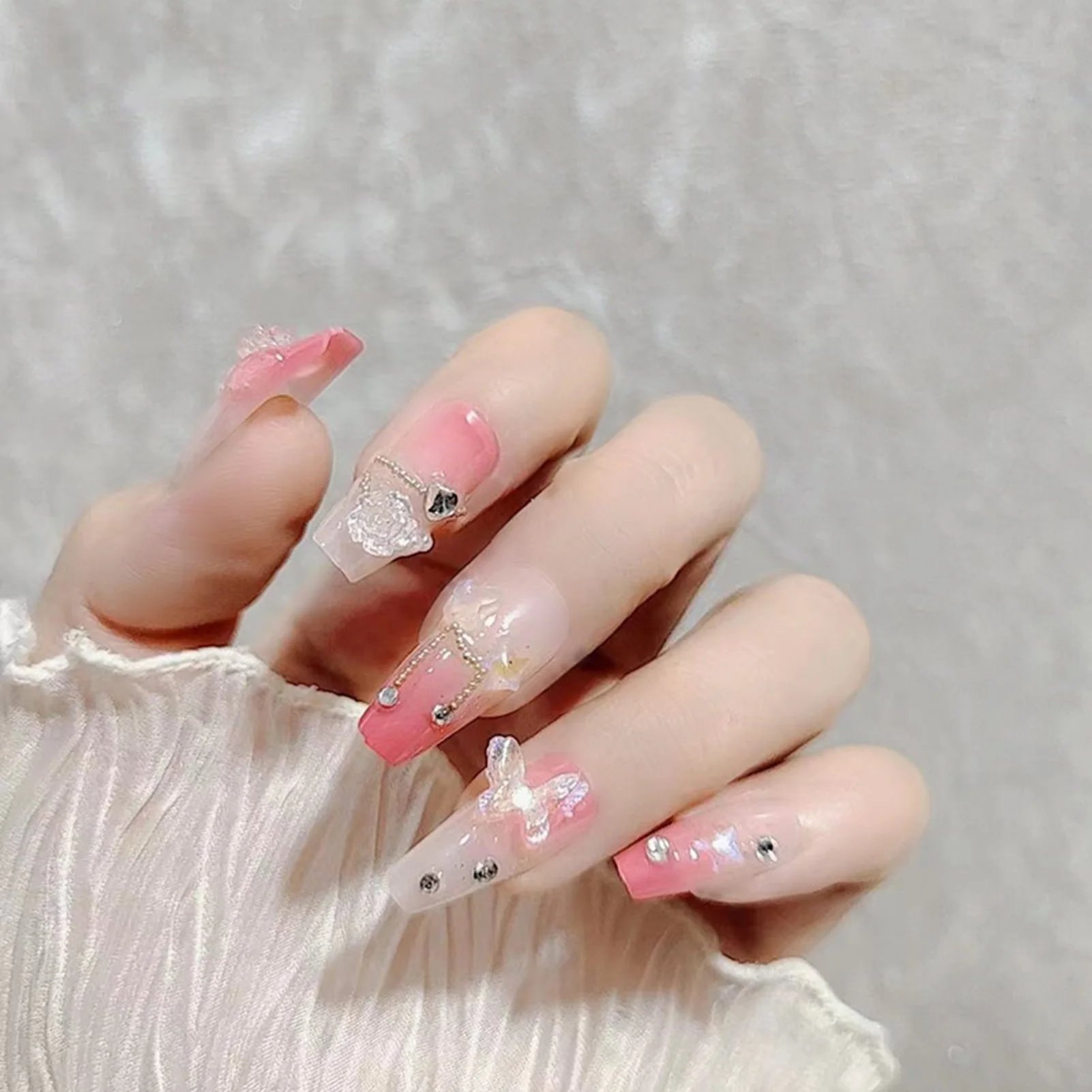 Pink Press on Nails with Rhinestone Setting Natural Unbreakable Nail Simple Wear for Women and Girl Nail Salon