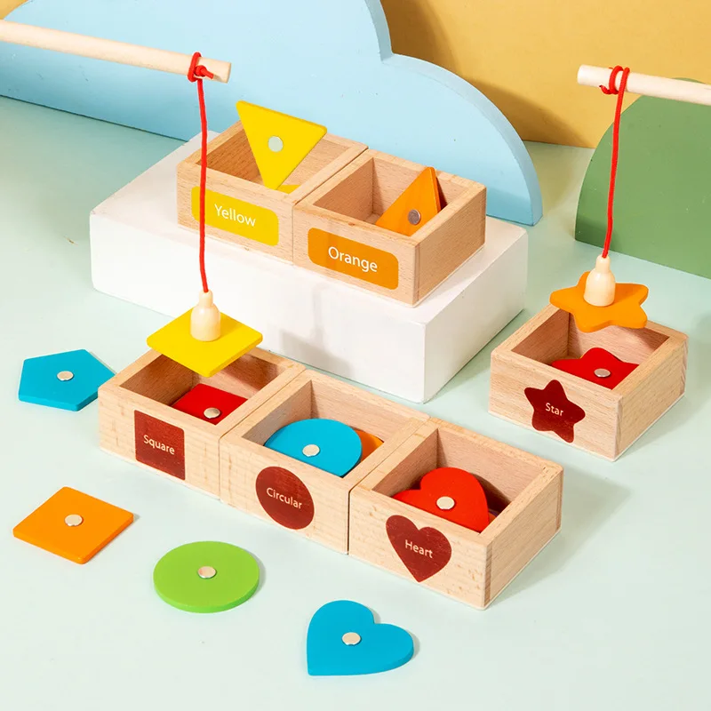 Children's Wooden Magnetic Color Shape Teaching Aid Classification Box Geometric Cognition Fishing Game Educational Toys For Kid