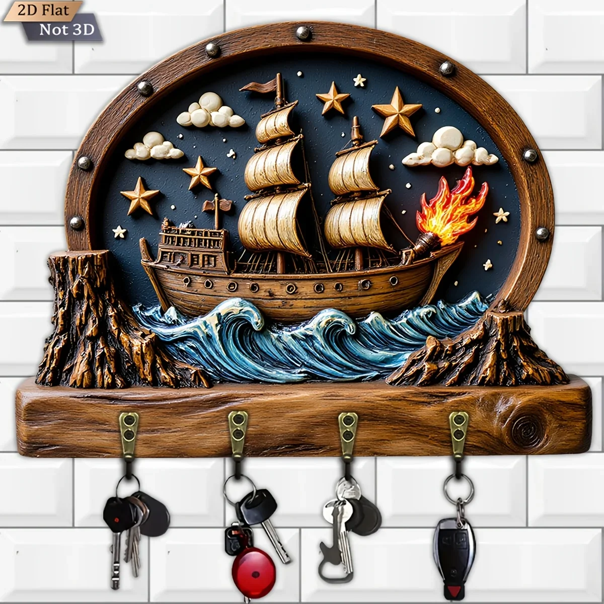 2D Flat, 1pc, Pirate Ship Themed Style Key Hook, Wooden Multi-functional Home Key Rack, with four metal hooks, Wall Decor,