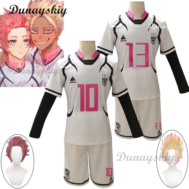 

Anime Blue Itoshi Sae Lock Cosplay Costume Wig U20 Competition White Pink Football Team Uniform Wig Man Campus Gymnastics Suit