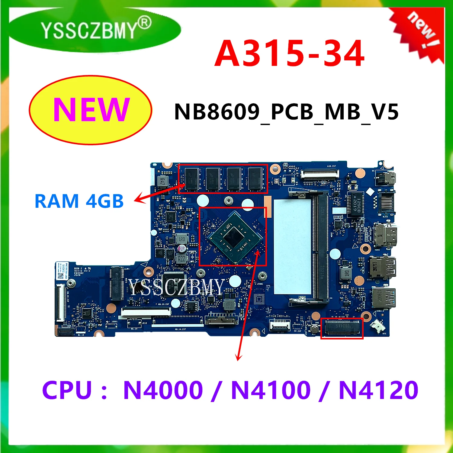 รีวิวและแนะนำแผ่นวงจรแม่บอร์ดสำหรับแล็ปท็อป Acer Aspire A315-34 รุ่น NB8609_PCB_MB_V5 พร้อม RAM 4GB