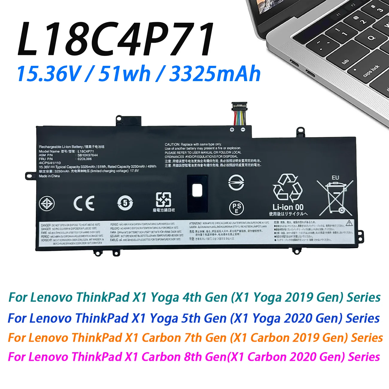 New L18C4P71 Laptop Battery For Lenovo X1 CARBON 2019, X1C SKB10K97644 02DL004 02DL005 L18M4P72 L18C4P71