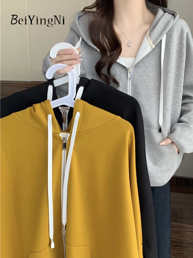 

Beiyingni Women's Zipper Hooded Sweatshirts Plain Casual Korean Autumn Winter Female Coats Top Loose Yellow Chic Outwear Hoodie