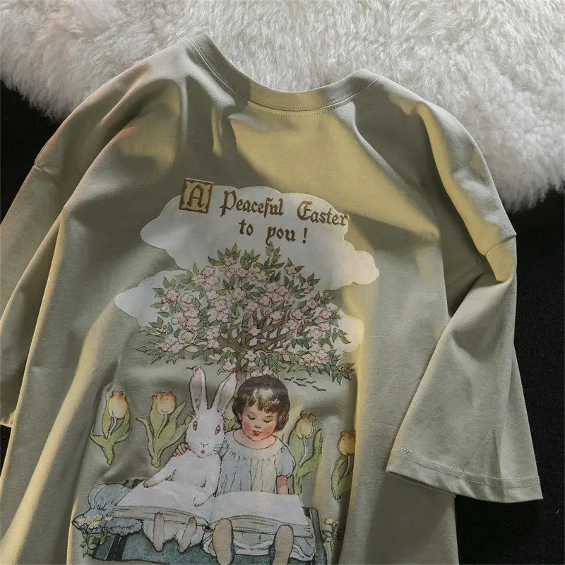 High Quality Cotton Light Green Pink Tops Rabbit Girl Cartoon T Shirts Kawaii Clothes for Teens 2022 Summer Large 2XL Mujer Tops