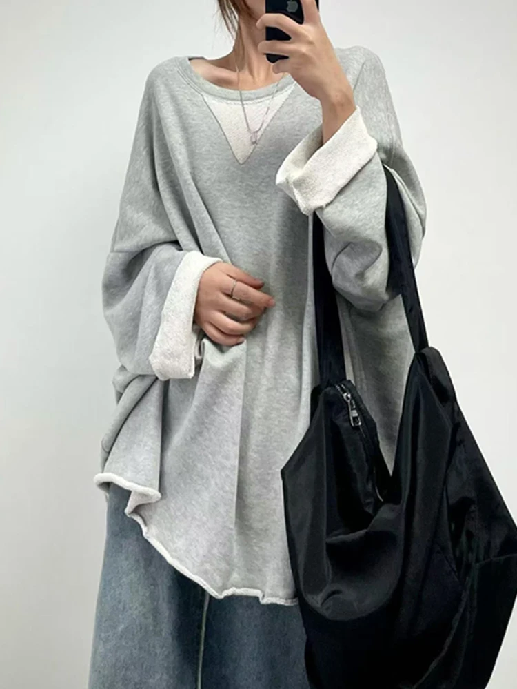 EAM Gray Brief Shaped Long Sweatshirt New Round Neck Long Sleeve Women Big Size Fashion Tide Autumn 2026 30A2866