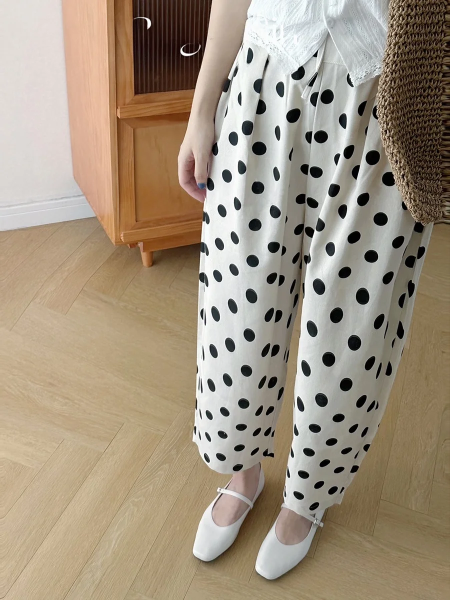 

Женские брюки-балоны из хлопка и льна в стиле Харадзюку, с точечным принтом, длиной до щиколотки, свободного кроя, для весны и осени, повседневные, удобные