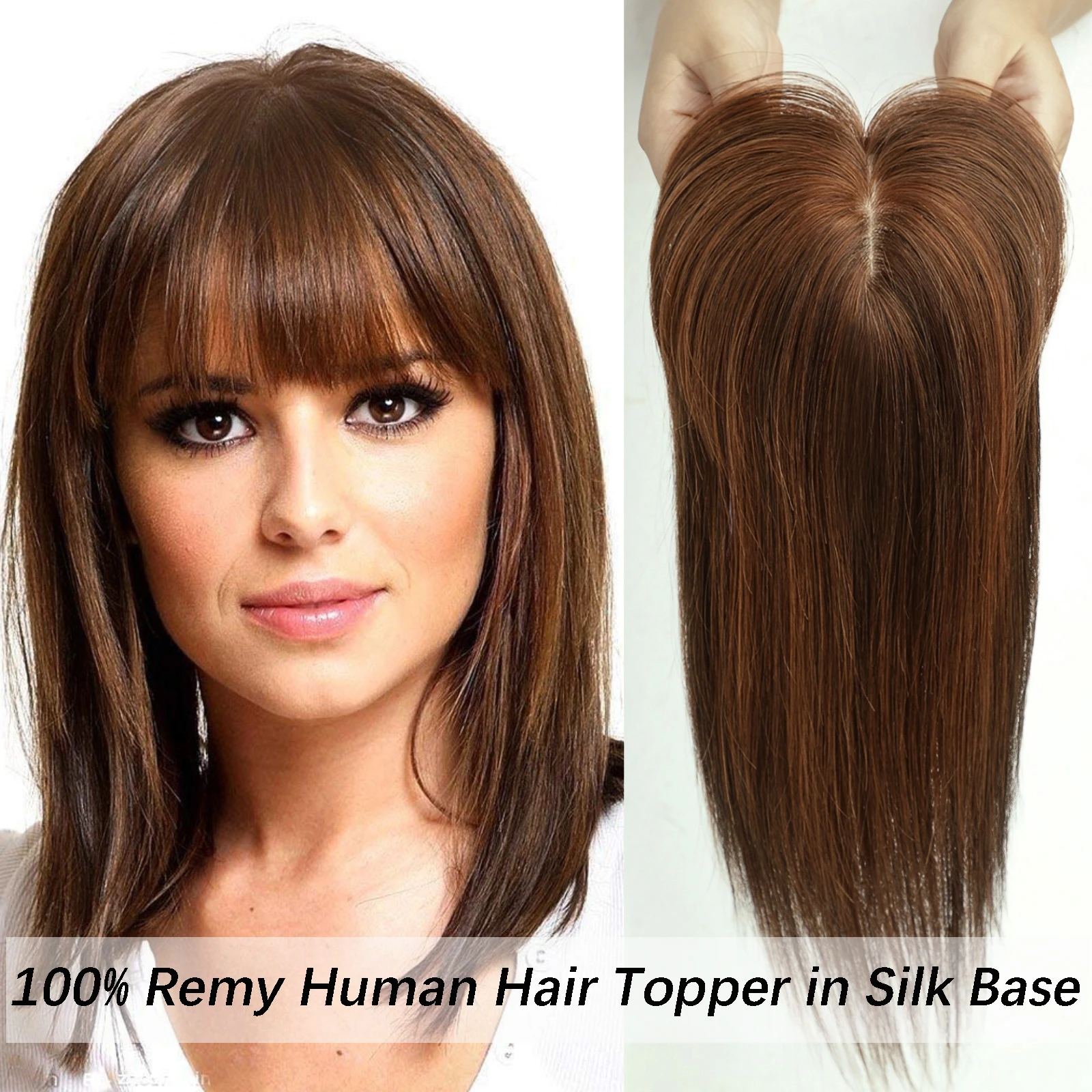 10/12/14inch Human Hair Piece for Women 100% Remy Human Hair Topper Wigs with Bangs Auburn Silk Base Clips in Hair Extension