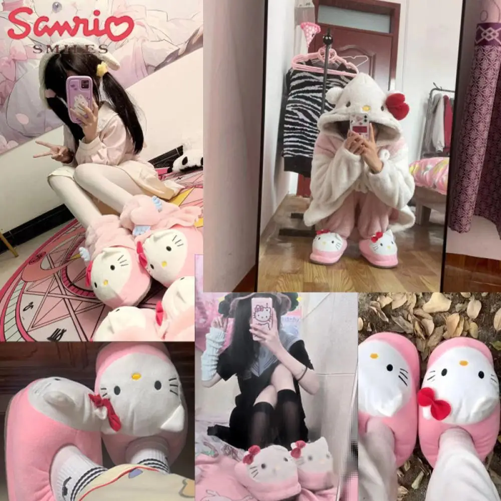 Y2K Hello Kitty Women Slippers Big Head Plush Cotton Shoes Sanrioed Kawaii Anime Flat Shoes Winter Warm Thickened Cute Student