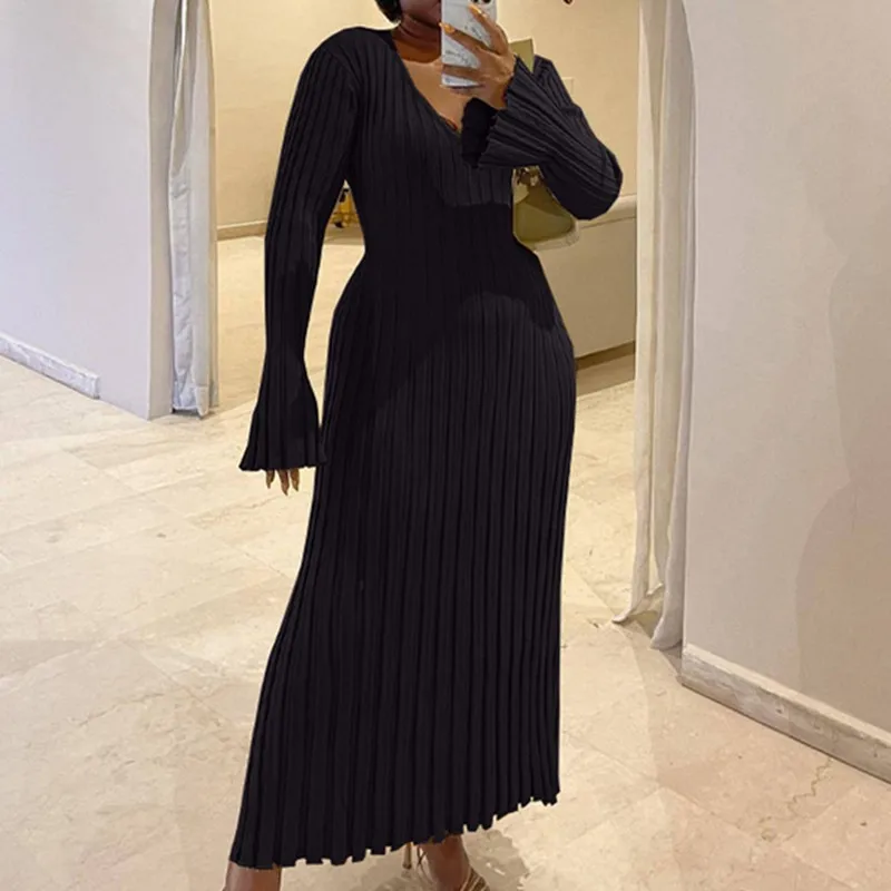 Gonna in maglia con scollo a V autunnale da donna Moda a costine a maniche lunghe a vita alta Abito a pieghe da donna Elegante maglieria Streetwear Abiti