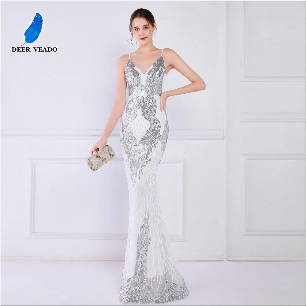 DEERVEADO Mermaid V Neck Sequin Evening Dresses 2022 New Elegant Women White Formal Dress Evening Party Gown K18800