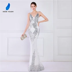 DEERVEADO Mermaid V Neck Sequin Evening Dresses 2022 New Elegant Women White Formal Dress Evening Party Gown K18800