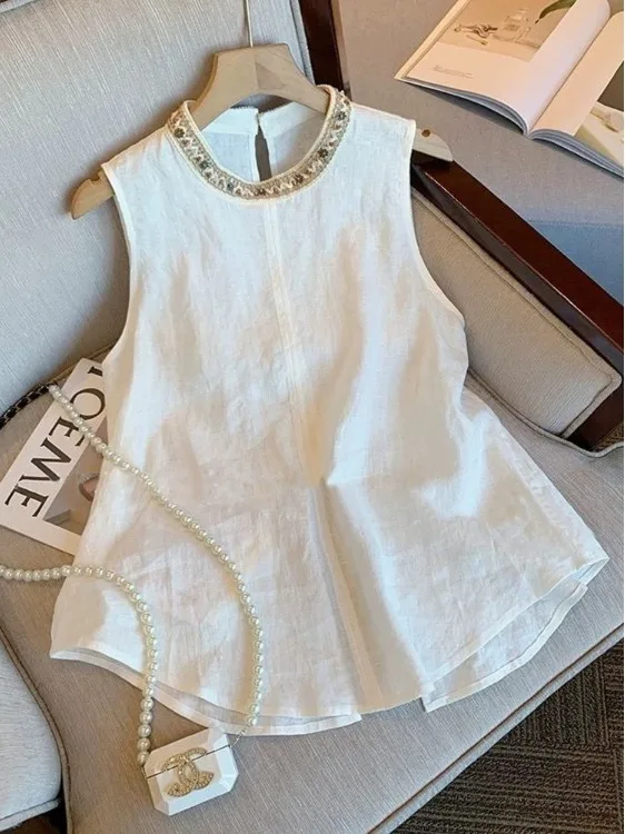 

Summer 2026 Women's Linen Sleeveless Top Vintage Style Back Split Micro Pleat Floral Lace Beading Casual Comfortable Blouse