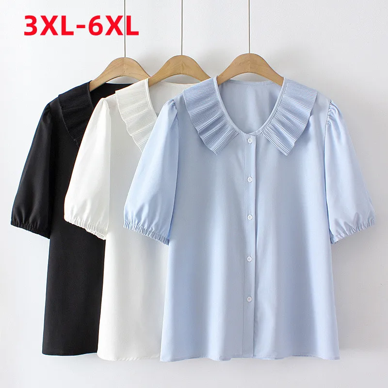 New 2022 Summer Plus Size Tops For Women Large Size Blouse Short Sleeve Loose Blue White Cute Shirt 3XL 4XL 5XL 6XL