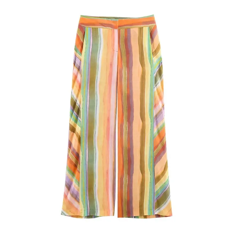 New 2026 Early Autumn Women's Casual Wide Leg Pants Color Block Striped Loose Fit Trousers Comfortable Natural Waist Design