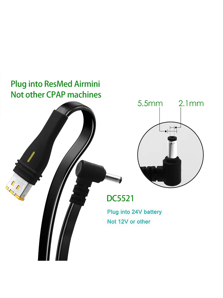 CPAP Battery Cord Cable DC5521 Plug Supply For ResMed AirMini Machine Travelling on Airplane Train Vehicle Vacation Holiday