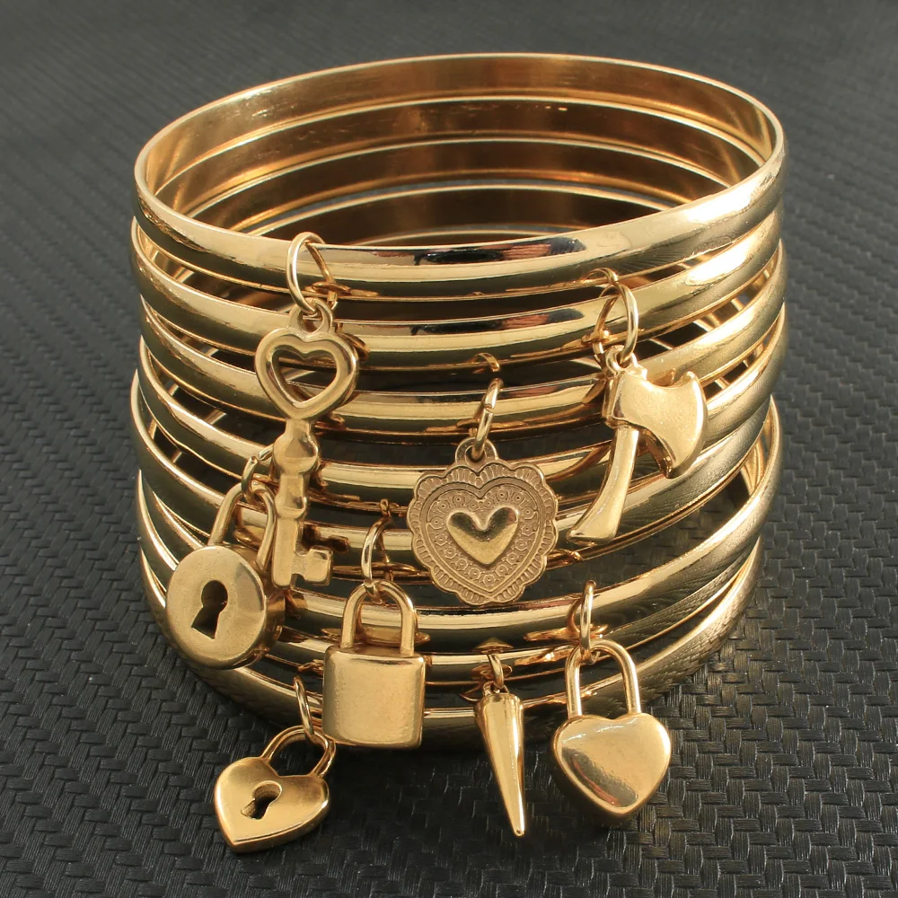 Fashion Stainless Steel Jewelry Plated Gold Color Inner Diameter 68mm (22cm Long) Charm Pendant Bangles For Women Girl BFADARBI