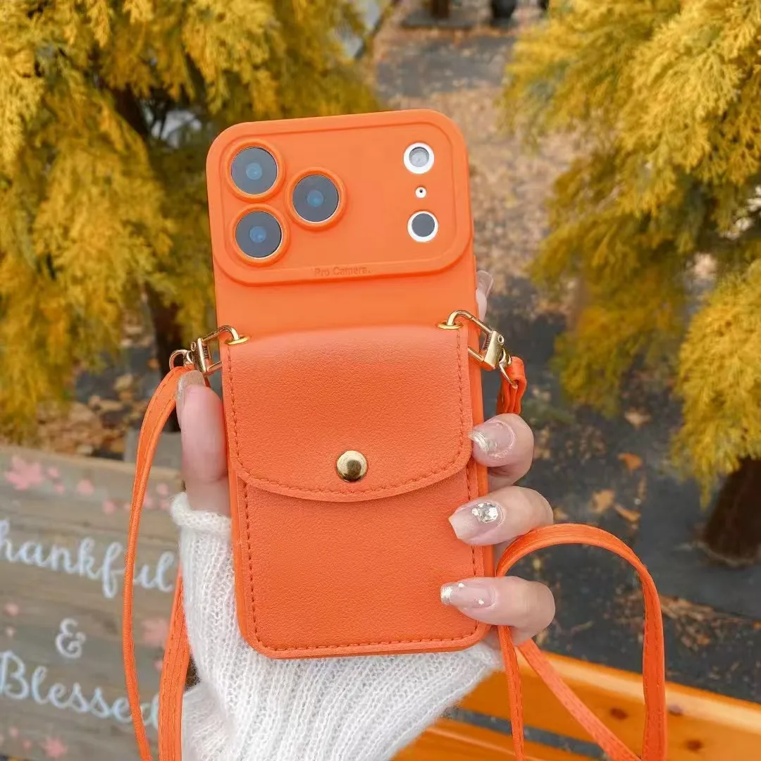 Laranja carteira crossbody cordão cinta caso de telefone para iphone 17 11 12 13 14 15 16 pro max colar cinta corda cabo capa de silicone