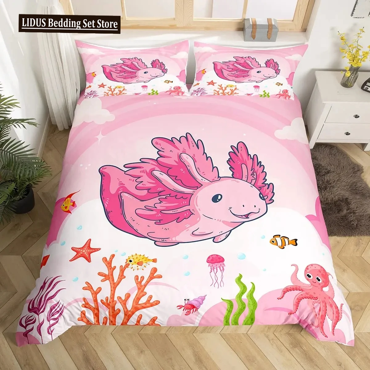 Axolotl Duvet Cover Set Pink Newt Wildlife Comforter Cover With Pillowcases Cartoon Octopus Animal Kawaii Style Twin Quilt Cover