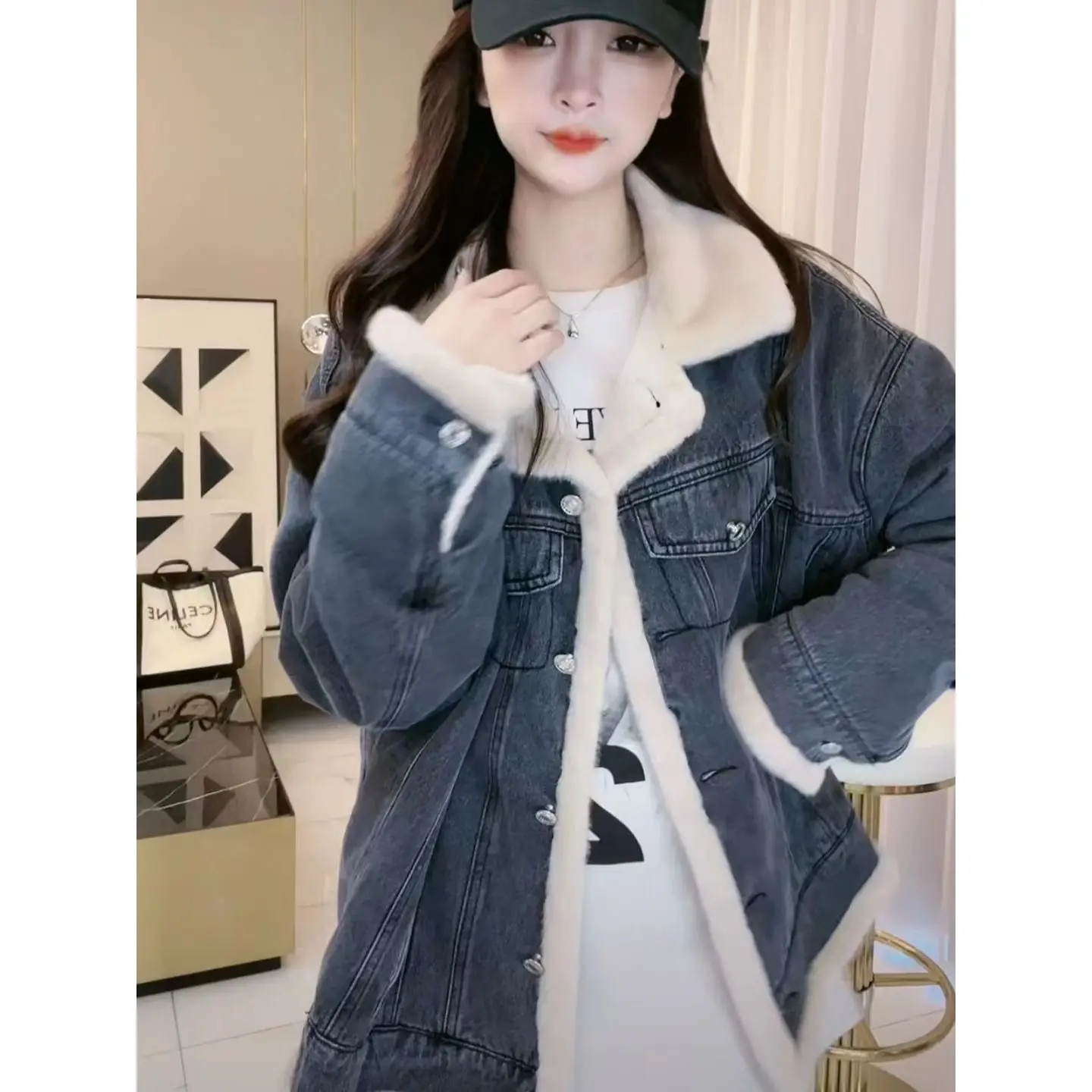 

Solid Color Korean Fashion Flocking Jacket Loose Fit Thickened Denim Top Parkas Winter for Women T570