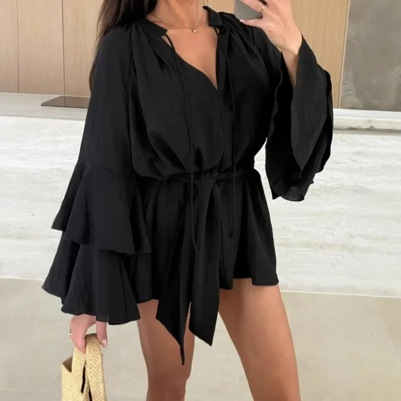 Primavera babados mangas duplas em camadas mini forro vestido cor sólida com decote em v irregular rendas até manga comprida vestido solto para mulher