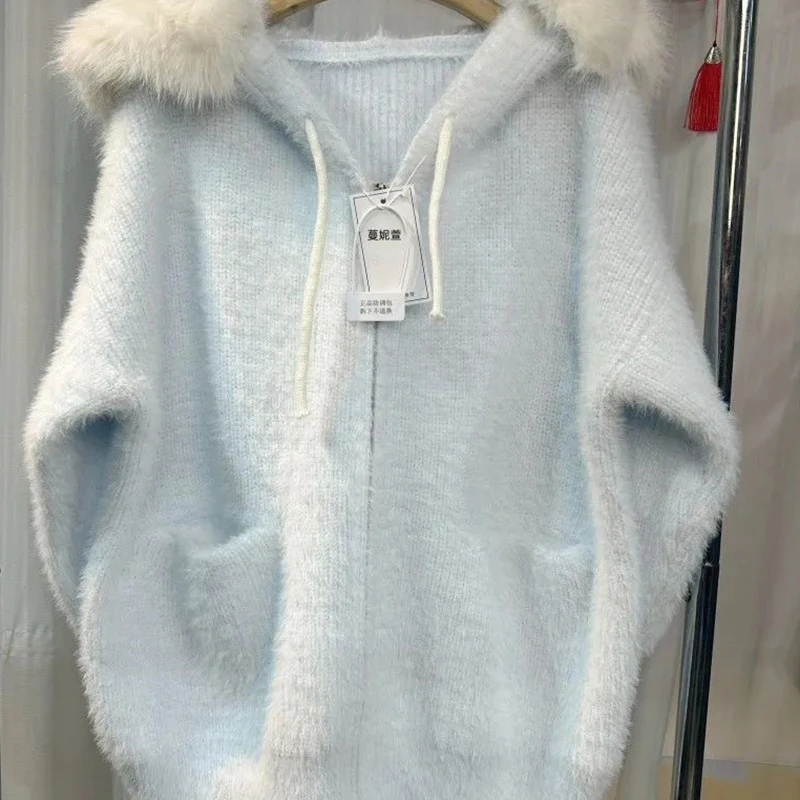 

Korean Sweet Knit Sweater Women Soft Hooded Long Sleeve Cardigan Fluffy Fall Winter Loose Warm Faux Fur Collar Preppy Style Top