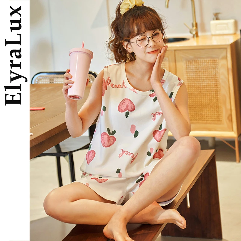 

ElyraLux Summer Sleeveless Pajama Women's Sleepwear Shorts Two-Piece for Women Cute Style Print Homewear Korean Nightwear Soft