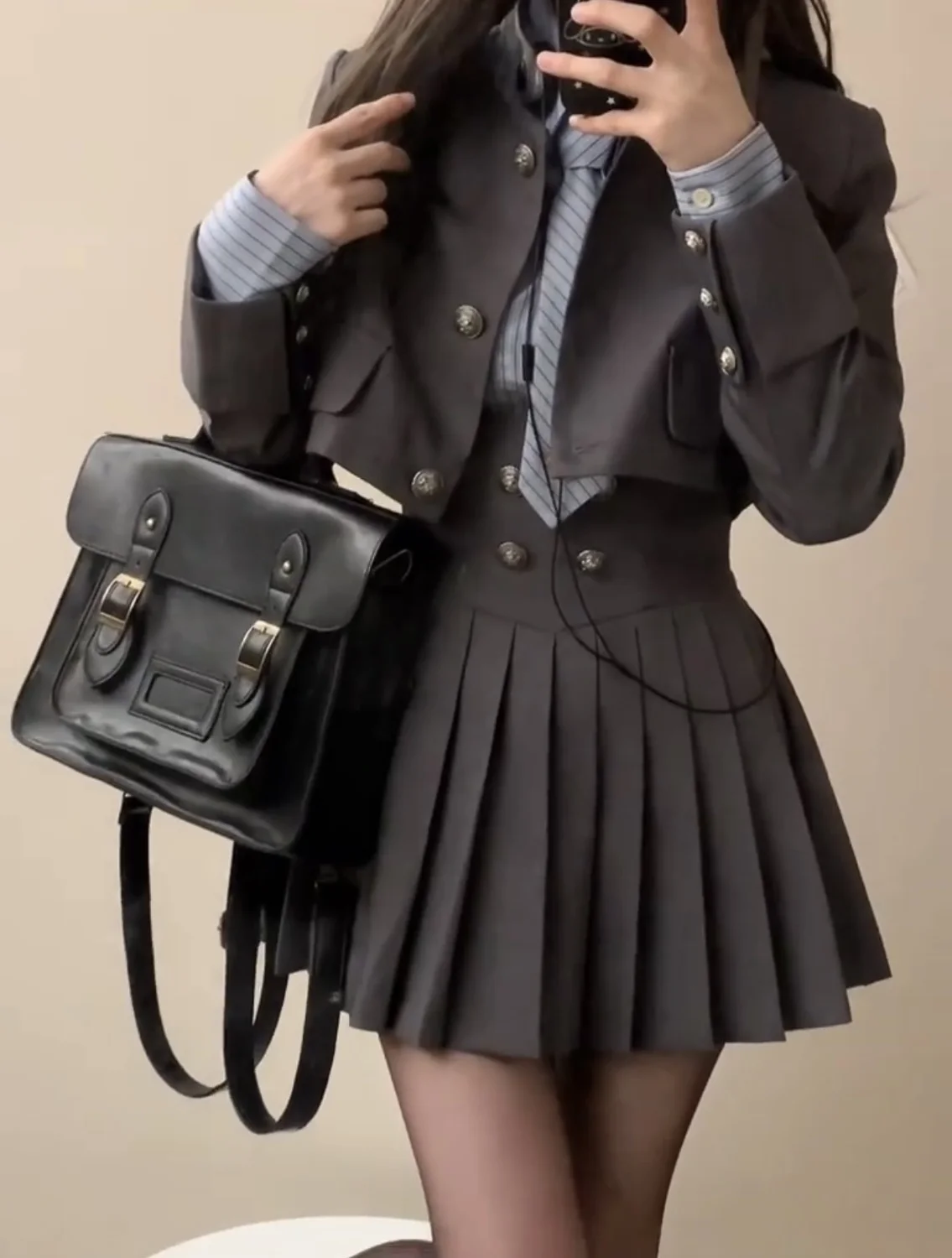 Wiosna 2025 Preppy Style American Uniform Set Girls Short Suit Coat Long Sleeve Striped Shirt Slim High Waist Pleated Skirt Grey