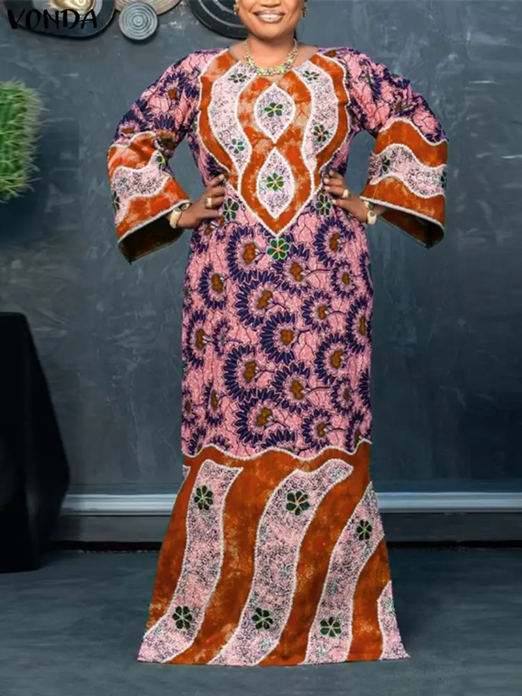 VONDA, Vestidos largos con estampado Vintage para mujer, Vestidos largos bohemios informales de manga larga con cuello en V, bata de fiesta a la moda de talla grande 5XL