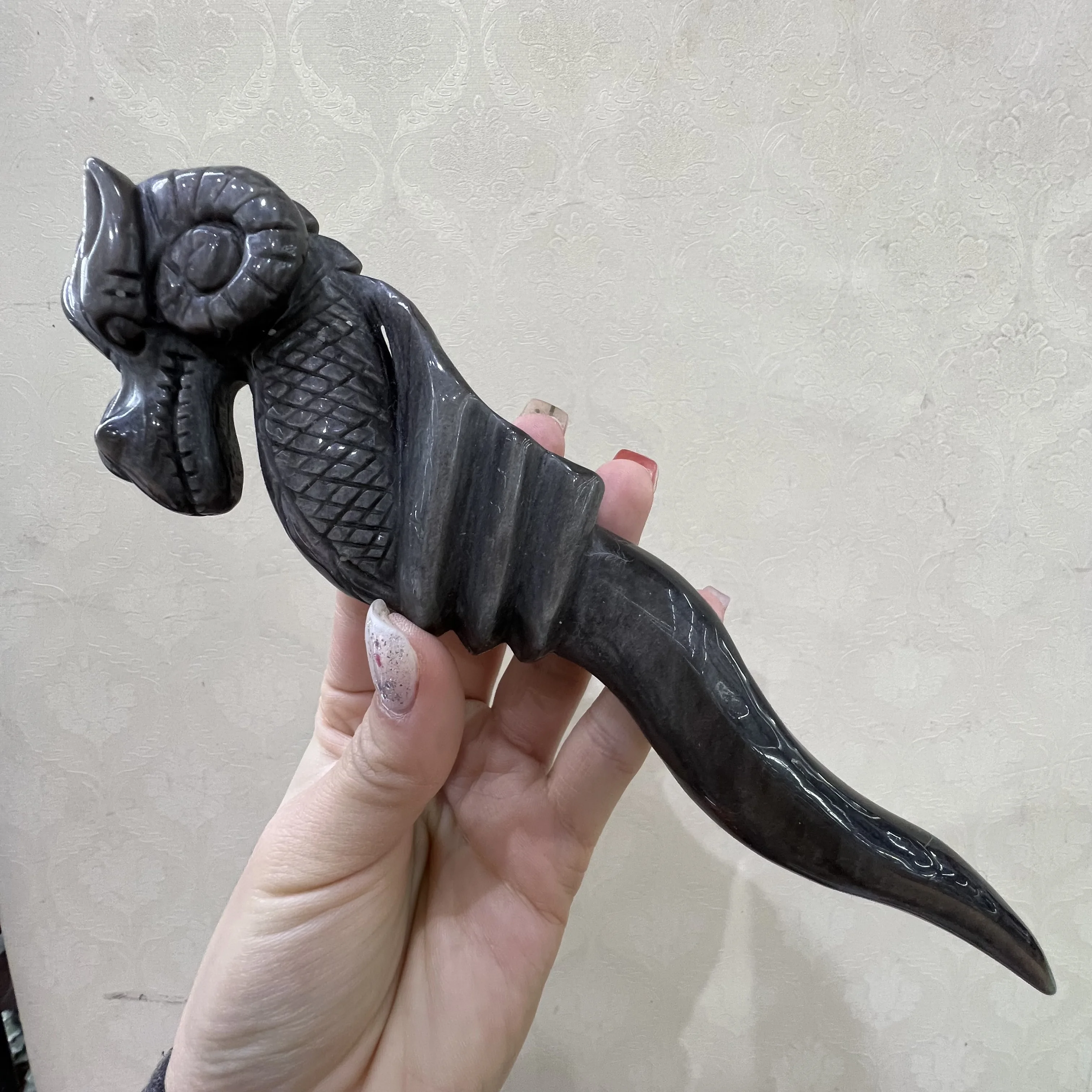 Natural Silver Obsidian Mineral, Hand-carved Tiger Head Scepter, Personalized Ornamental Energy Stone