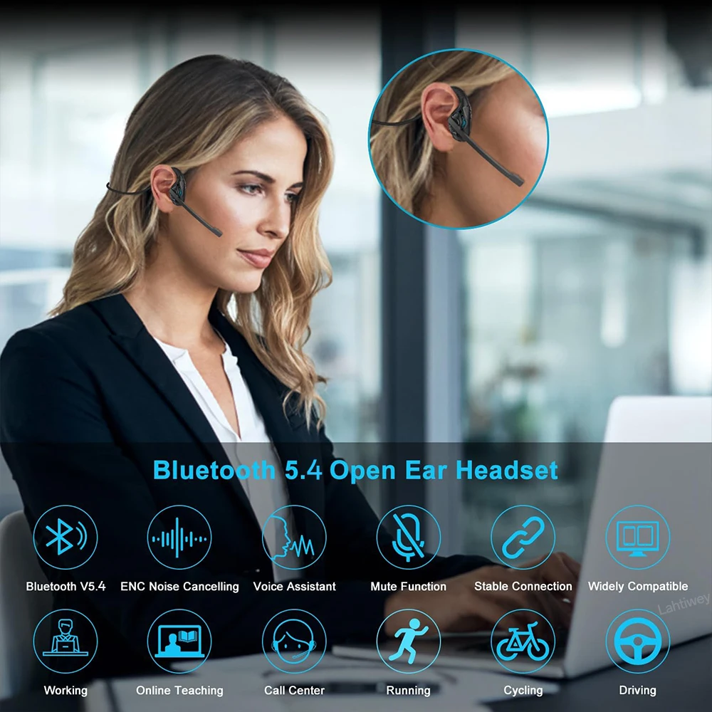 Open-Ear Business Bluetooth Headset Trucker Bluetooth 5.4 Headset with Rotatable Microphone for Ultra-Clear Calls Office Driving