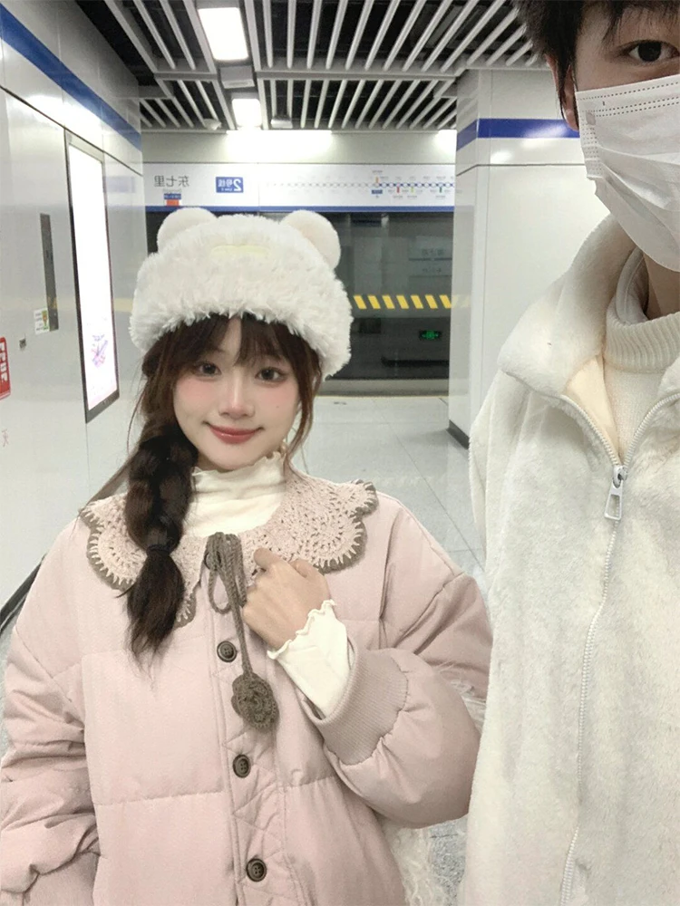

Loose Thiened Cotton Jaet Doll Collar Detachable Fre Sle Women's Winter Coat Korean Sle Long Sve Single Button