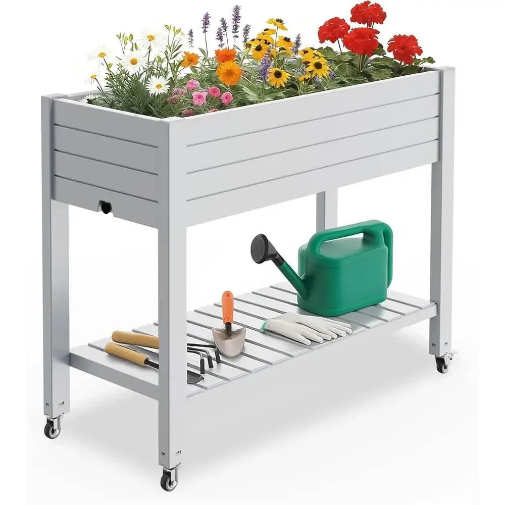 Raised Garden Bed with Legs, 33.66 Tall Self-Watering Resin Planter Box, Lockable Wheels, Drainage Plug, Ideal for Vegetables, F