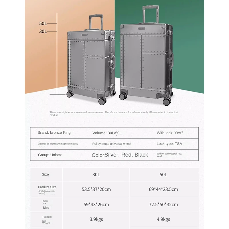 Valise Unisexe en Alliage d'Aluminium et de Magnésium, Roue Universelle Silays euse, TSA, BLOLock, Peut Embarquer, Affaires, 50L