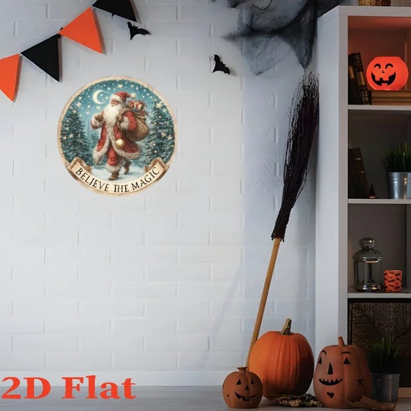 لافتة حائط معدنية مسطحة ثنائية الأبعاد، قطعة واحدة من سانتا كلوز ثلجية لتقديم الهدايا - زينة عيد الميلاد من الألومنيوم الدائري ثنائية الأبعاد مع سانتا ومزلاج، #4