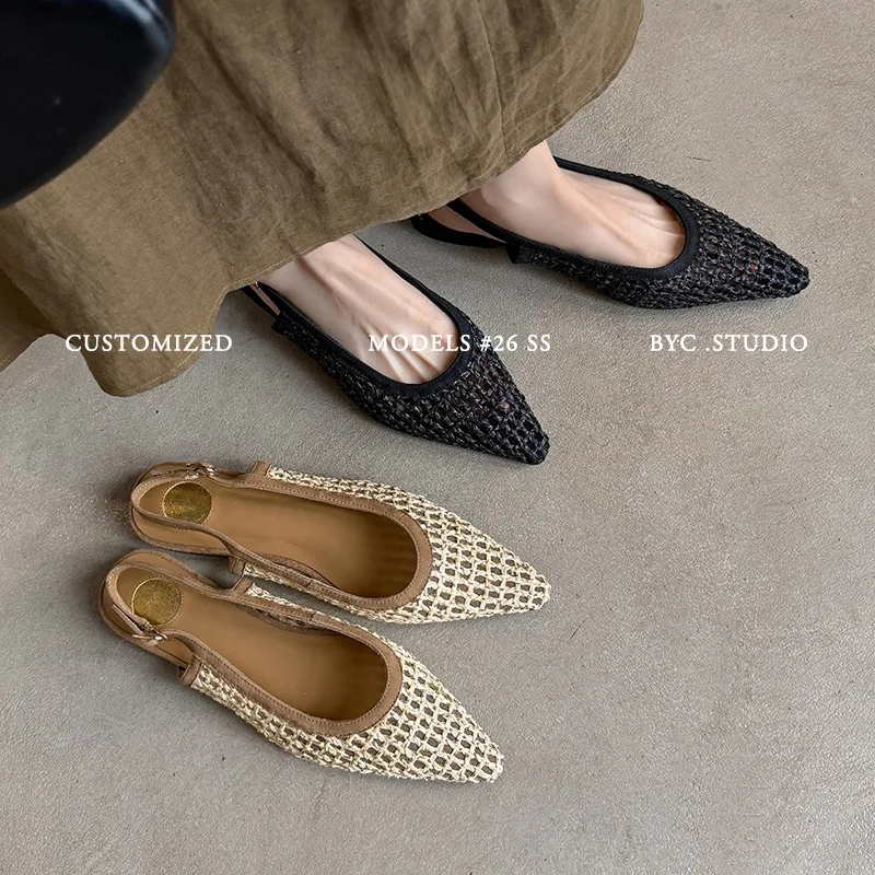 2026 new spring summer women sandals natural leather plus size 22-25.5cm sheepskin+fabric pointed toe buckle women shoes