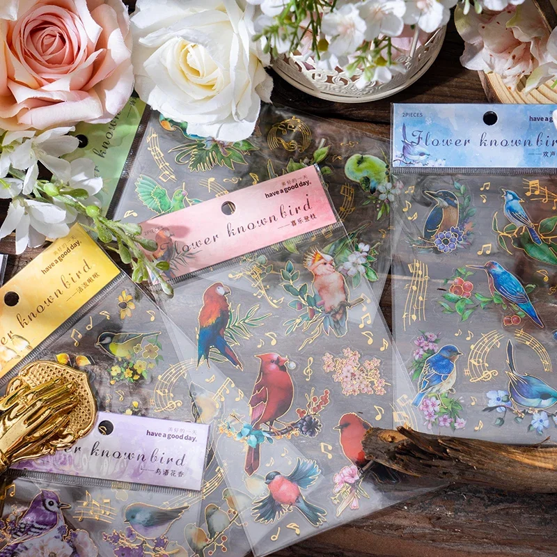 

2 листа плоской наклейки для домашних животных в китайском стиле, птица, попугай, воробей, горячий золотой цветок и птица, ручной коллаж, скрапбукинг, 6 моделей